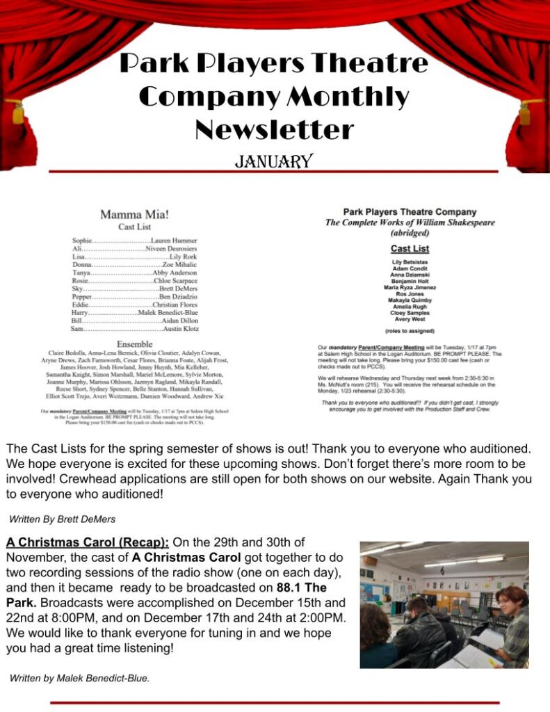 Park Players January23 Newsletter 1st page
